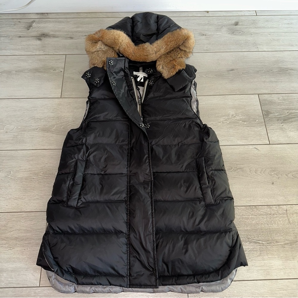 Intropia Black Rabbit Fur Hood Duck Down Vest Women's 36